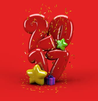3d illustration for new  year with number 2017, stars, gift box and confetti on red background