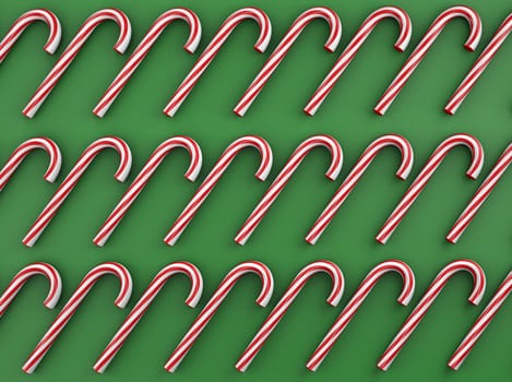 3d illustration top view of many red and white Christmas candy sticks bars on green background