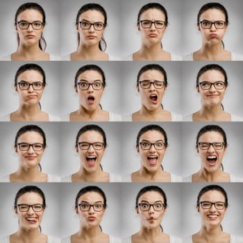 Multiple portraits of the same woman making diferent expressions