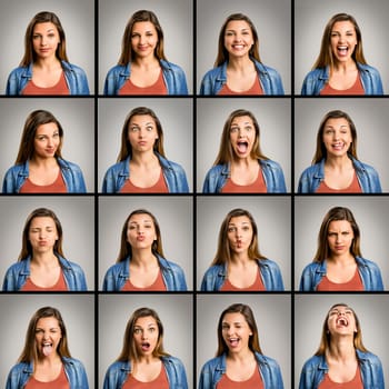 Multiple portraits of the same woman doing diferent expressions