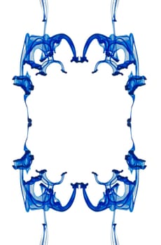 Abstract pictorial composition of twice mirrored blue drops running in the water against a white background.