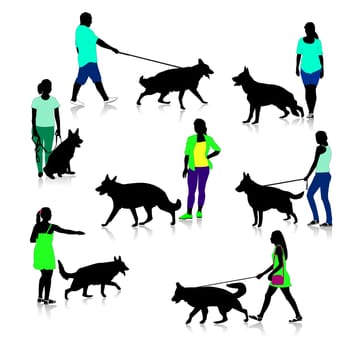People on the walk with the dog. Silhouettes of people and a German Shepherd.  A set of silhouettes of people and dogs.