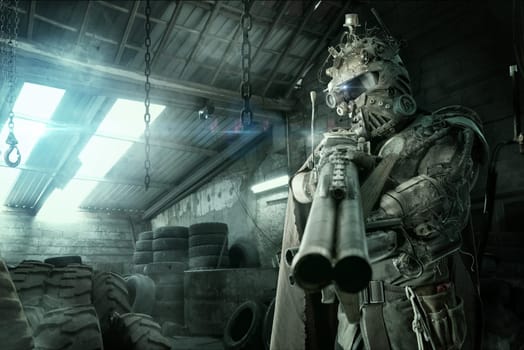 Futuristic soldier posing with gun and armor