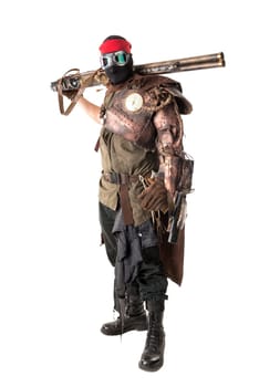 Futuristic soldier posing with gun and armor isolated in white