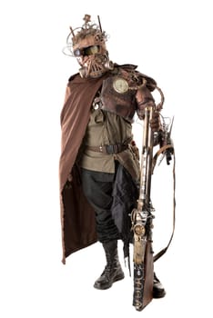 Futuristic soldier posing with gun and armor isolated in white