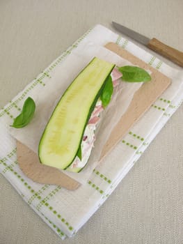 Low carb vegetable sandwich without bread with zucchini,cream cheese and ham