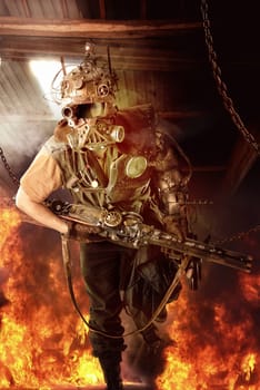 Futuristic soldier posing with gun and armor