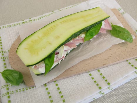 Low carb vegetable sandwich without bread with zucchini,cream cheese and ham