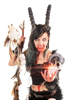 Faun sorceress with big horns and blood isolated in white