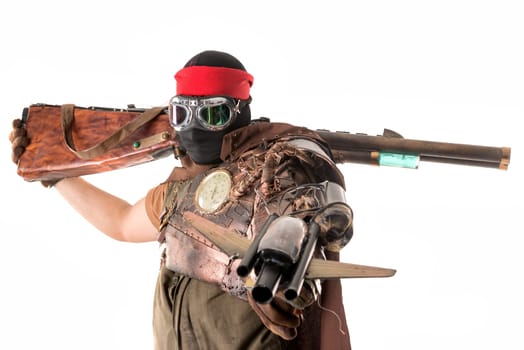Futuristic soldier posing with gun and armor isolated in white