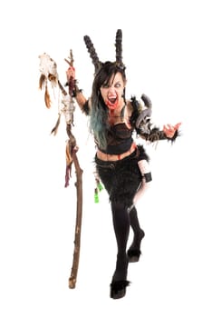 Faun sorceress with big horns and blood isolated in white