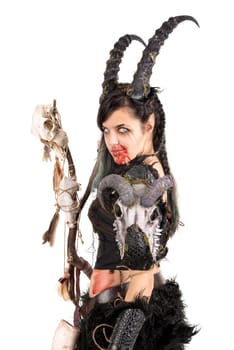 Faun sorceress with big horns and blood isolated in white