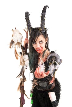 Faun sorceress with big horns and blood isolated in white