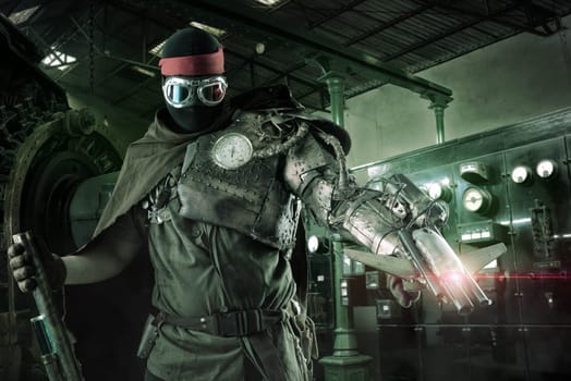 Futuristic soldier posing with gun and armor