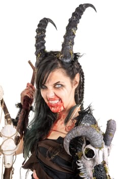 Faun sorceress with big horns and blood isolated in white