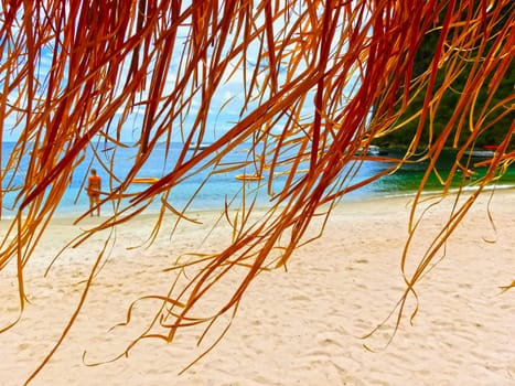 The Caribbean tropical beach. View through the thatched roof