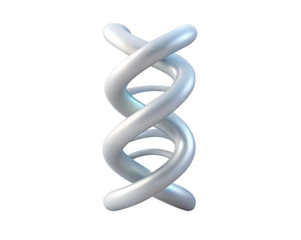 A futuristic, holographic 3D icon of a DNA spiral, featuring smooth, reflective surfaces and a twisting design, isolated on white background. Ideal for biotechnology, genetics, and modern science themes. A visually appealing, abstract concept.