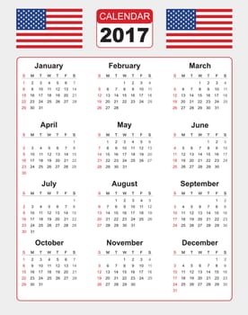 Calendar for 2017 on white background with two vector image of american flag. Vector EPS10.