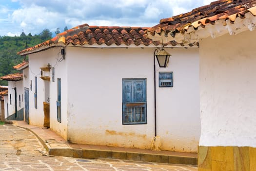 Colonail architecture and street light in Barichara, Colombia
