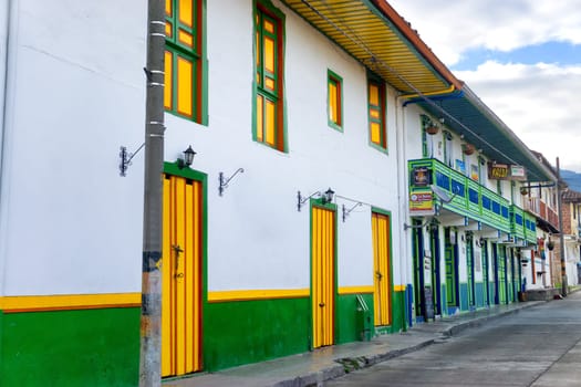 SALENTO, COLOMBIA - JUNE 6: Colorful architecture and shops in Salento, Colombia on June 6, 2016