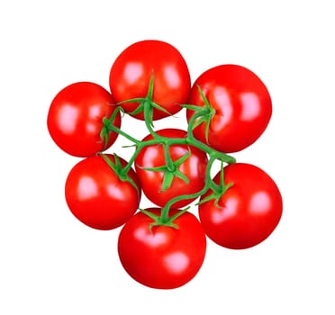top view of a bunch of tomatoes with green stem isolated on white