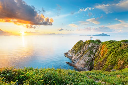Hong Kong lighthouse during sunrise , Hok Tsui Cape D'Aguilar beautiful landscape