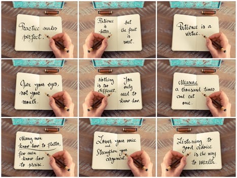 Photo collage of inspirational concept images, woman hand writing motivational quotes on a notebook