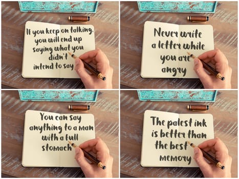 Photo collage of inspirational concept images, woman hand writing motivational quotes on a notebook
