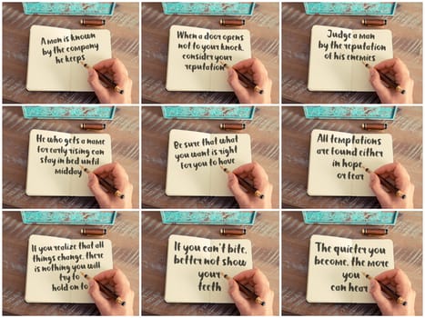 Photo collage of inspirational concept images, woman hand writing motivational quotes on a notebook