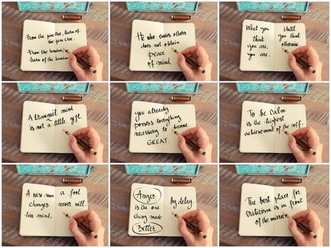 Photo collage of inspirational concept images, woman hand writing motivational quotes on a notebook