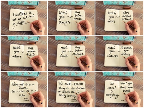 Photo collage of inspirational concept images, woman hand writing motivational quotes on a notebook