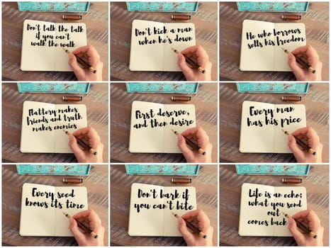 Photo collage of inspirational concept images, woman hand writing motivational quotes on a notebook