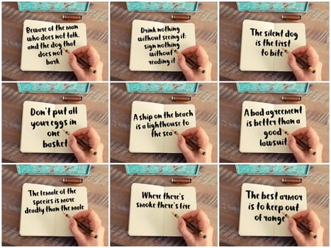 Photo collage of inspirational concept images, woman hand writing motivational quotes on a notebook