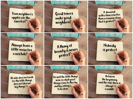 Photo collage of inspirational concept images, woman hand writing motivational quotes on a notebook