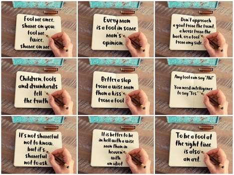 Photo collage of inspirational concept images, woman hand writing motivational quotes on a notebook