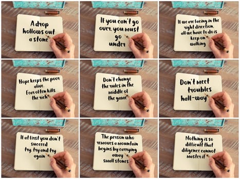 Photo collage of inspirational concept images, woman hand writing motivational quotes on a notebook