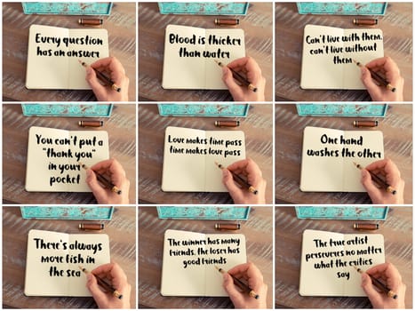Photo collage of inspirational concept images, woman hand writing motivational quotes on a notebook