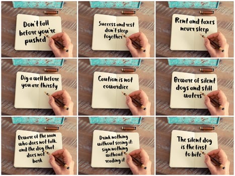 Photo collage of inspirational concept images, woman hand writing motivational quotes on a notebook