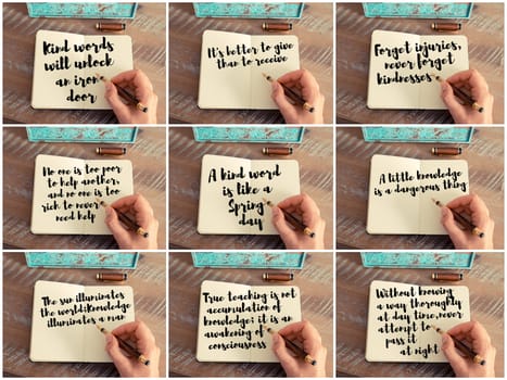 Photo collage of inspirational concept images, woman hand writing motivational quotes on a notebook