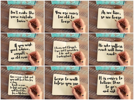 Photo collage of inspirational concept images, woman hand writing motivational quotes on a notebook
