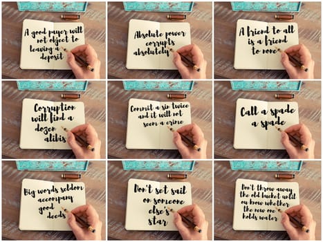 Photo collage of inspirational concept images, woman hand writing motivational quotes on a notebook