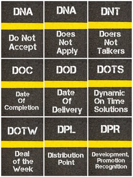 Photo collage of Business Acronyms written over road marking yellow paint line