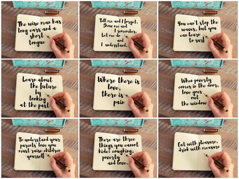 Photo collage of inspirational concept images, woman hand writing motivational quotes on a notebook