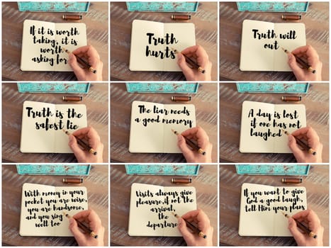 Photo collage of inspirational concept images, woman hand writing motivational quotes on a notebook