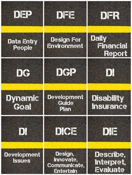Photo collage of Business Acronyms written over road marking yellow paint line