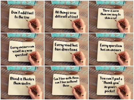 Photo collage of inspirational concept images, woman hand writing motivational quotes on a notebook