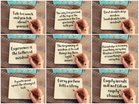 Photo collage of inspirational concept images, woman hand writing motivational quotes on a notebook