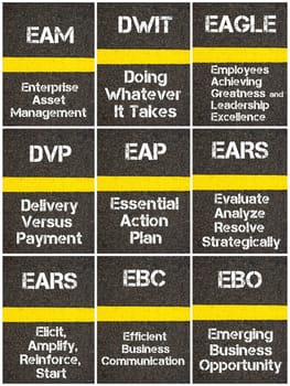 Photo collage of Business Acronyms written over road marking yellow paint line