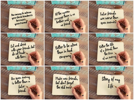 Photo collage of inspirational concept images, woman hand writing motivational quotes on a notebook