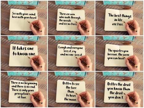 Photo collage of inspirational concept images, woman hand writing motivational quotes on a notebook